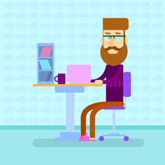 Man Hipster Work Laptop Computer, Sittign Desk