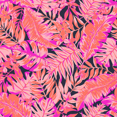 vector seamless bright colorful tropical pattern with flowers, split leaf, philodendron, rain forest nature, summer time holidays, active tropics background print