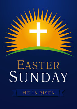 Easter Sunday calvary sun card. Template invitation to an Easter Sunday service in the form of rolled away from the tomb stone on a background of Calvary with cross and text