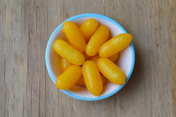 Thai mung bean marzipan and egg yolk dessert in cup