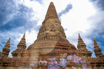 Fototapeta premium Buddhist Temple In Myanmar With An Image of A Statue of The Buddha Superimposed On it