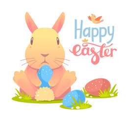 Vector illustration of Happy Easter greetings with yellow bunny