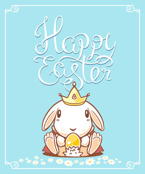 Vector illustration of Happy Easter greetings with white bunny h