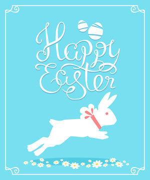 Vector illustration of Happy Easter greetings with white bunny w