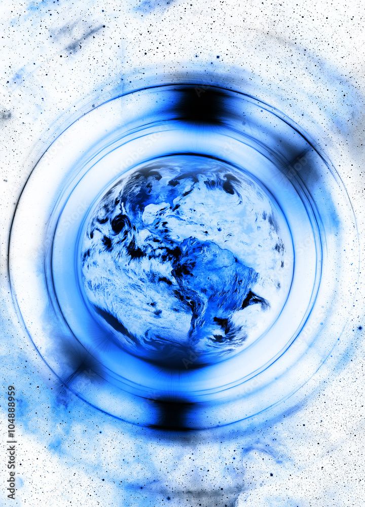 Poster planet earth in light circle, cosmic space background. computer collage. earth concept. elements of 