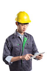 young handsome asian technician on white background