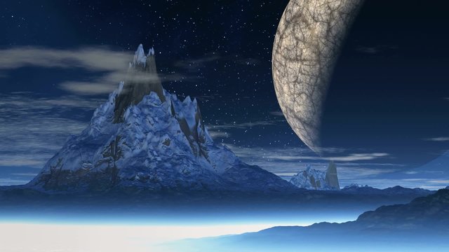 Snow-covered mountain and a huge moon. High mountain with a sharp peak and snow-covered slopes impales the clouds. The huge planet (moon) in the penumbra rises above the horizon.