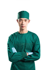isolated asian young man doctor in green on white background