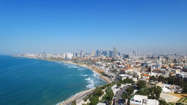 Aerial footage of the old city of Jaffa and tel Aviv