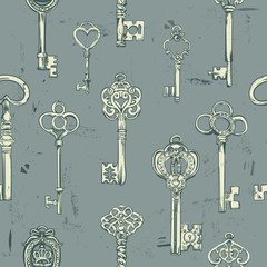 Hand-drawn seamless pattern of various vintage keys.