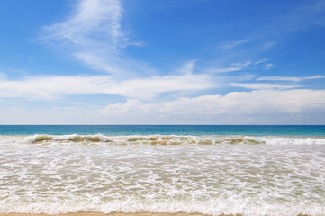 ocean, picturesque beach and blue sky