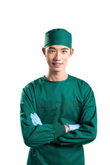 isolated asian young man doctor in green on white background