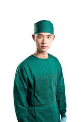 isolated asian young man doctor in green on white background