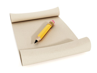 Multi colored pencils standing on rolled paper