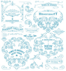 Set of retro elements: baroque frames, retro labels. Chalk style