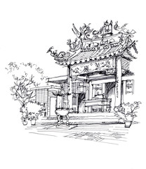 chinese temple pen drawing sketch illustration © glowonconcept