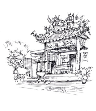 Chinese Temple Pen Drawing Sketch Illustration