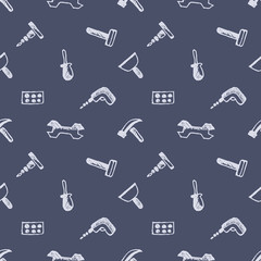 Seamless vector pattern with tools. Hand sketch drawn background with hammers, screws, nuts and wrenches on the blue backdrop. Series of Hand Drawn Seamless Patterns.