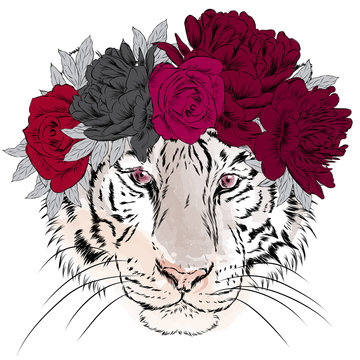 Vector tiger in a wreath of flowers. Hipster. Greeting card with a tiger.