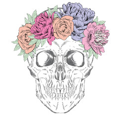 Skull wearing a crown of flowers. Vector skull. Hipster.