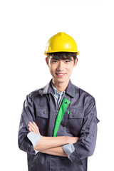 isolated young handsome asian technician on white background