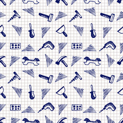 Seamless vector pattern with tools. Hand sketch drawn background with hammers, screws, nuts and wrenches on the checkered backdrop. Series of Hand Drawn Seamless Patterns.