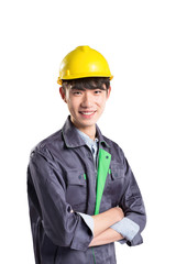 isolated young handsome asian technician on white background