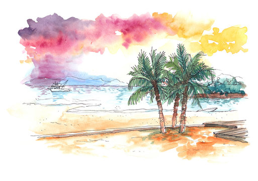 watercolour painting of sunset at tropical beach