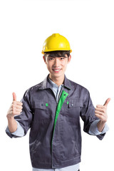 isolated young handsome asian technician on white background