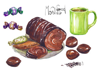 Vector Watercolor cake with latte, tea. breakfast.