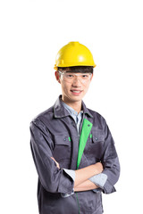isolated young handsome asian technician on white background