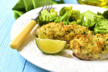 Cod baked with garlic bread crumbs.