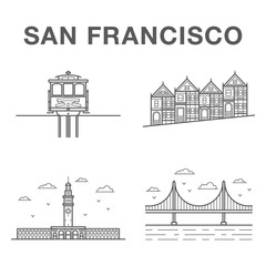 Big bundle of world famous San Francisco city landmarks: cable car, victorian houses, ferry building and golden gate bridge.