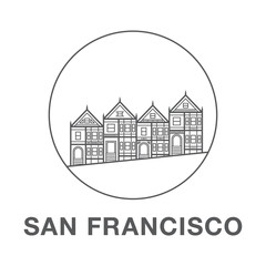 San Francisco street illustration with victorian houses made in line art style. World famous San Francisco houses.
