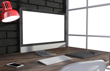 Fototapeta premium 3D illustration PC screen on table in office, Workspace