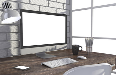 Fototapeta premium 3D illustration PC screen on table in office, Workspace