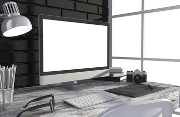 Fototapeta premium 3D illustration PC screen on table in office, Workspace