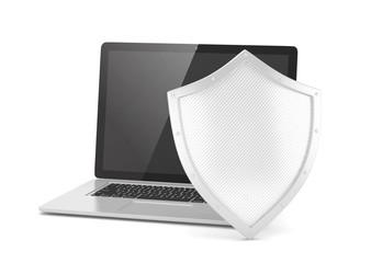 Laptop and shield on white, computer security concept