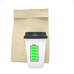 Coffee to go and lunch bag, on white.