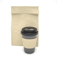 Coffee to go and lunch bag, on white.
