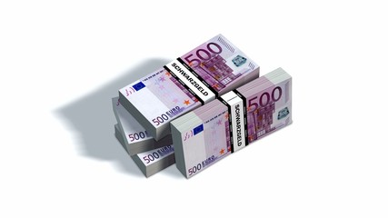 500 Euro bills packs with bank wrapper isolated on white