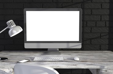 Fototapeta premium 3D illustration PC screen on table in office, Workspace