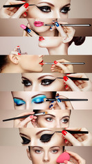 Beauty collage. Faces of women. Fashion photo. Makeup artist applies lipstick and eye shadow. Woman...