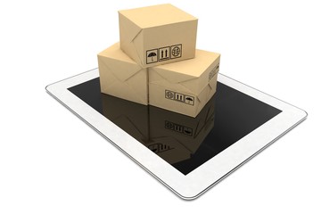 Technology business concept, shipping: cardboard package boxes on tablet 