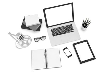 Responsive mockup screens. Laptop, tablet, phone on table 