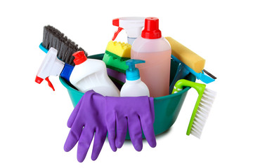 cleanser brush and rubber gloves in a large plastic bowl on white isolated background