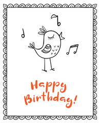 Happy birthday vector greeting card with doodle singing bird
