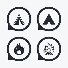 Tourist camping tent signs. Fire flame icons.