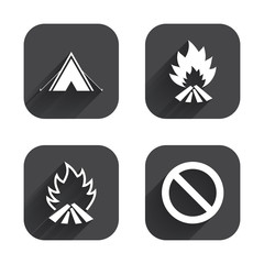 Tourist camping tent sign. Fire flame icons.