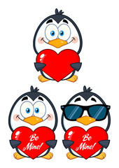 Naklejka premium Cute Penguin Cartoon Character Holding A Valentine Heart. Collection Set